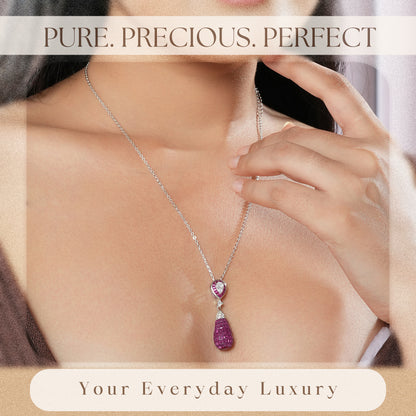 925 Silver Pink Sapphire Drop Pendant Chain