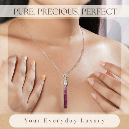 925 Silver Pink Sapphire Long Pendant Chain