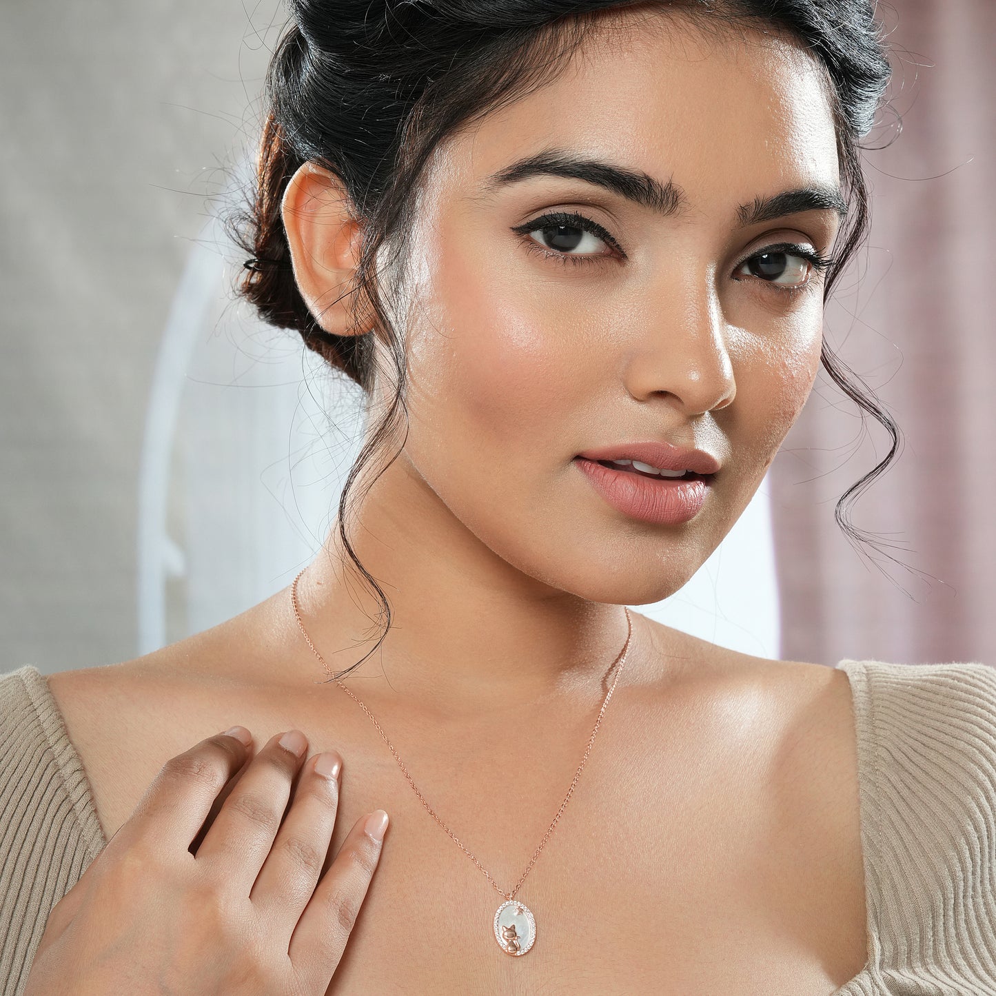 Rose Gold Celestial Cat Pendant & Chain in Sterling Silver