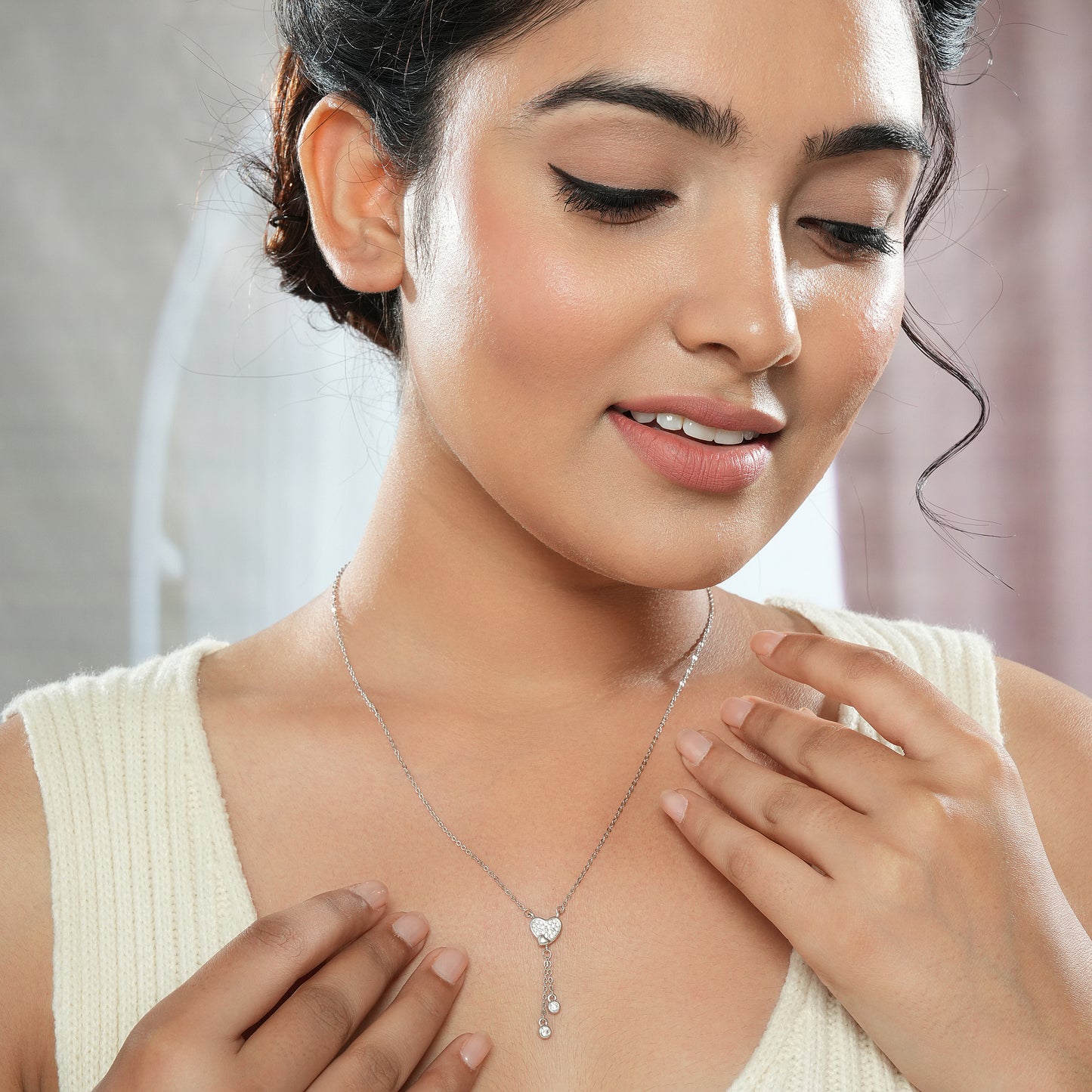 Sterling Silver Heart Drop CZ Necklace