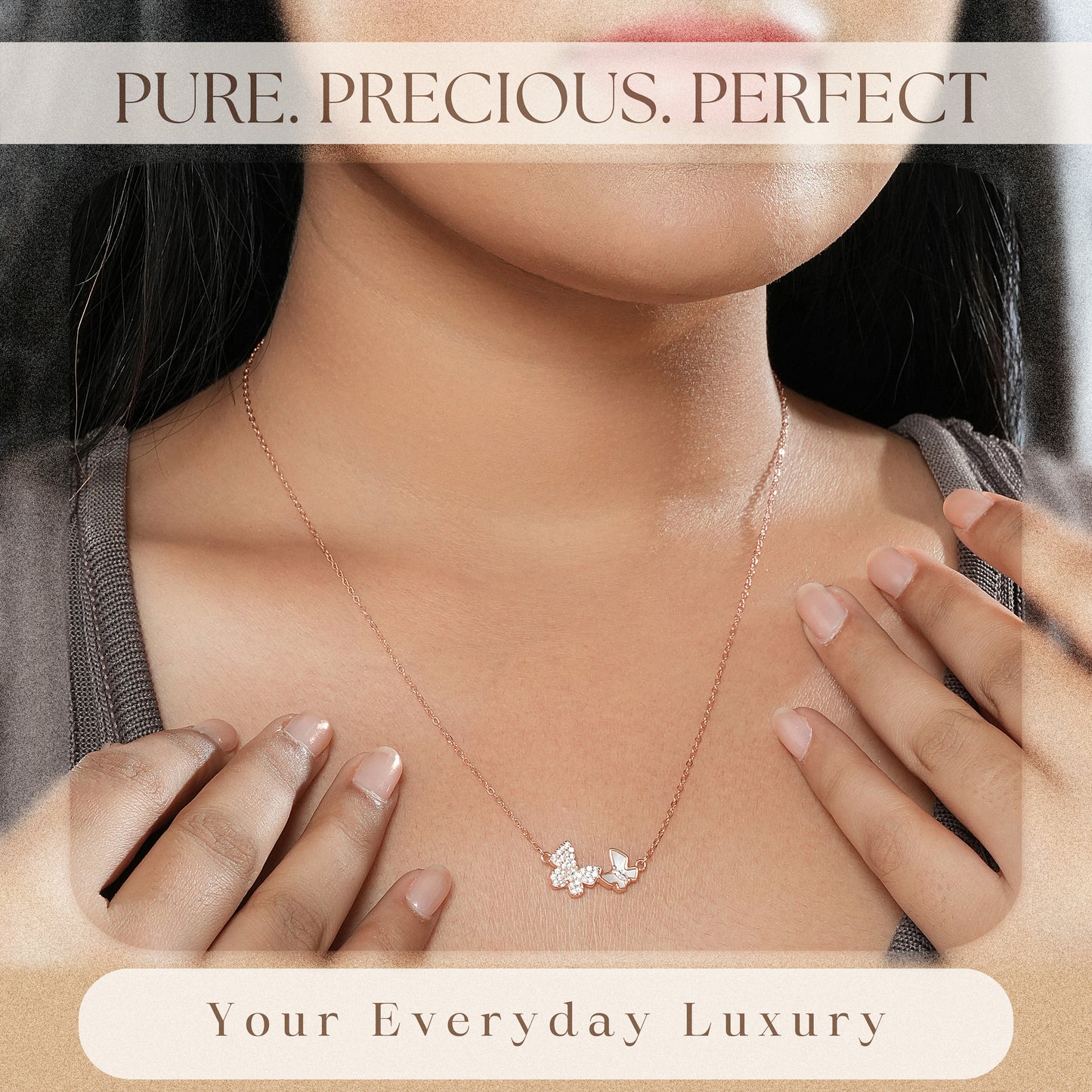 Silver 925 Chain with CZ Rose Gold Twin Butterfly Locket