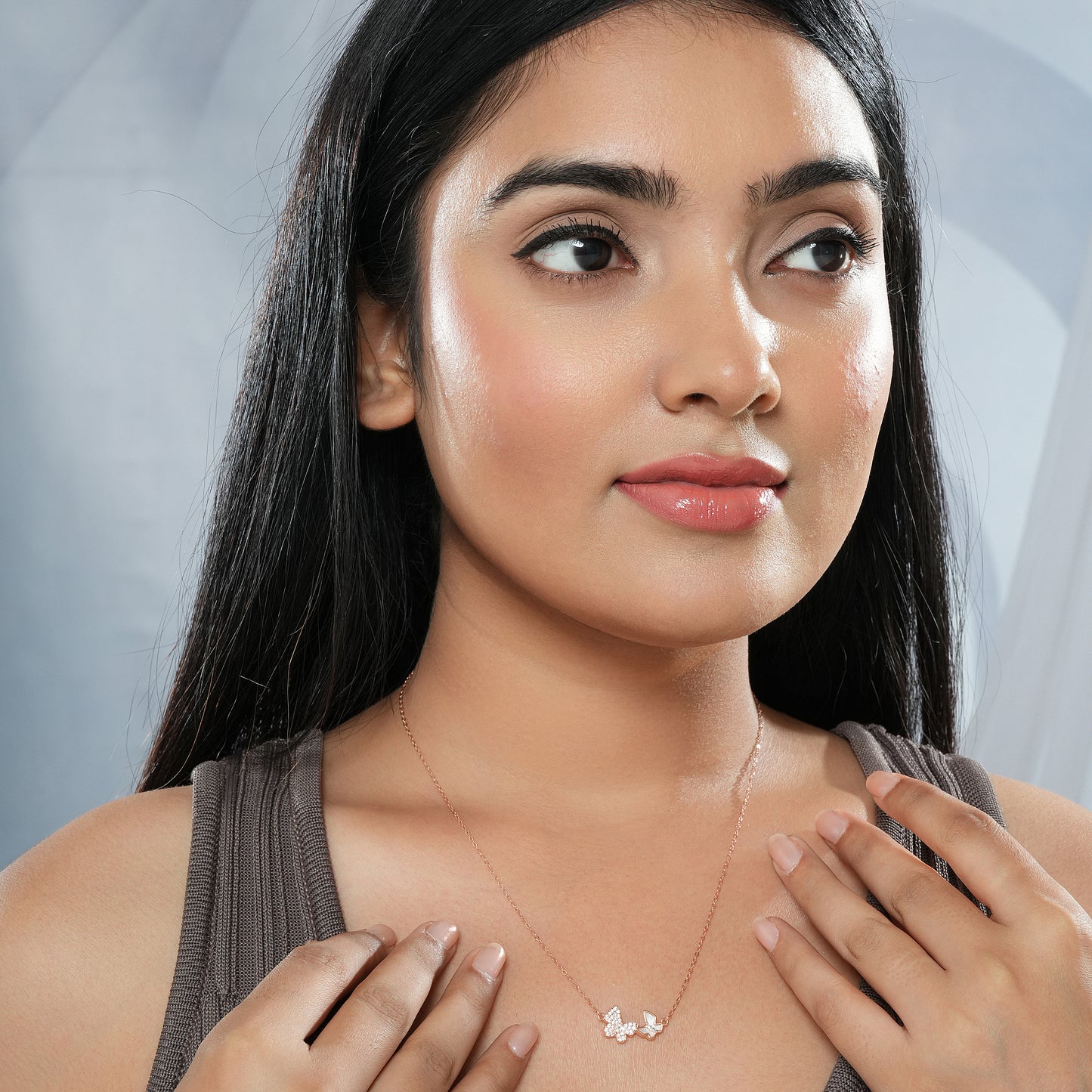 Silver 925 Chain with CZ Rose Gold Twin Butterfly Locket