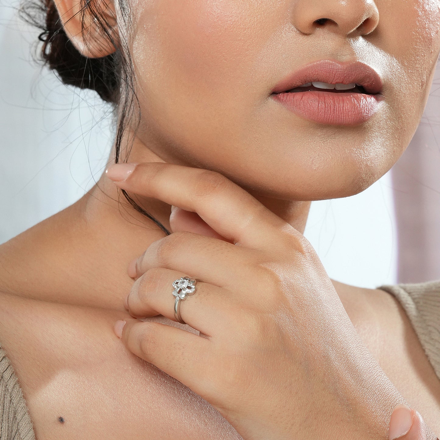 Floral CZ Studded 925 Silver Ring