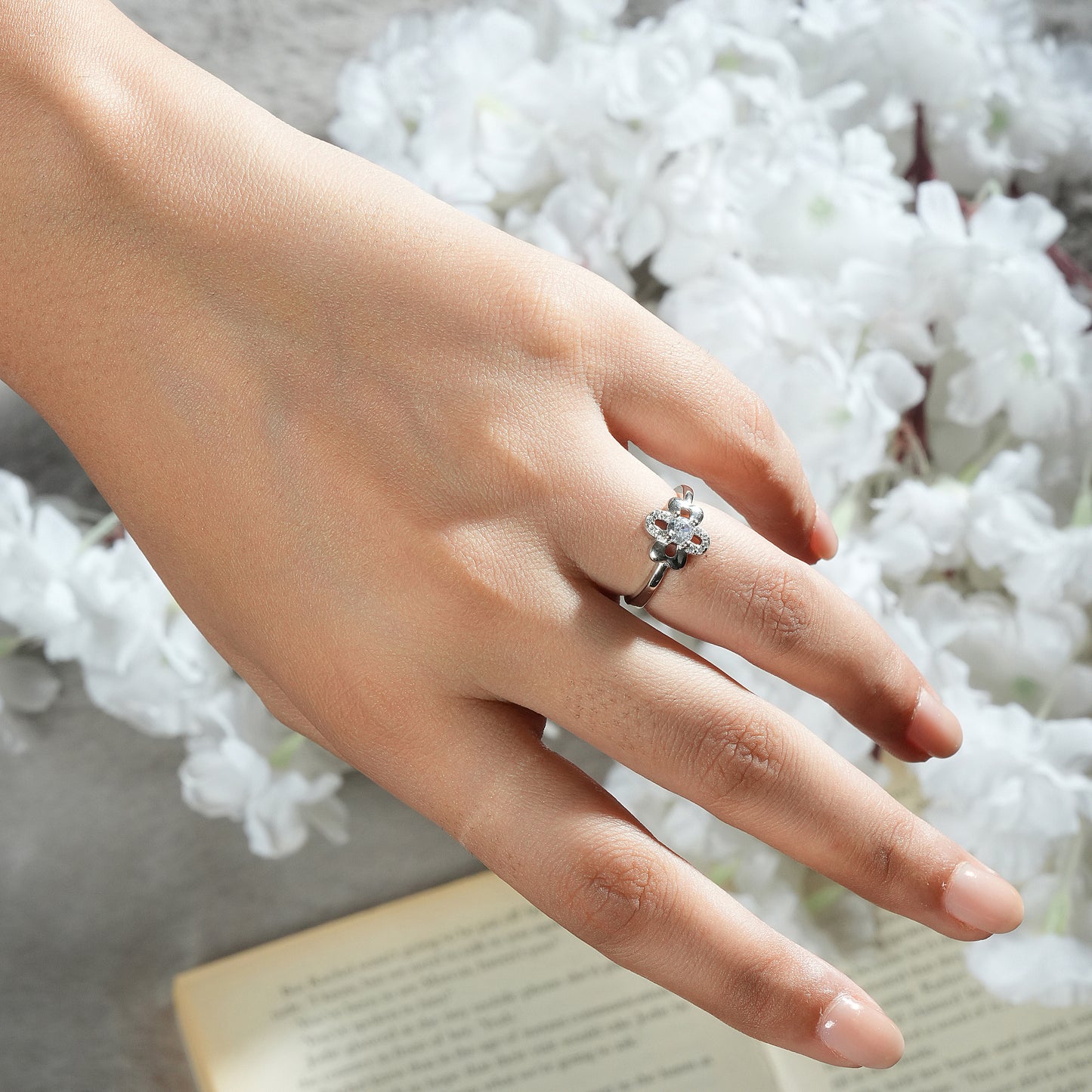 Floral CZ Studded 925 Silver Ring