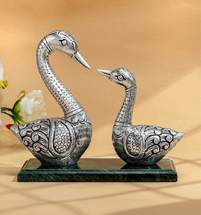 Handcrafted Decorative Elegant Silver Cladded Swan Pair