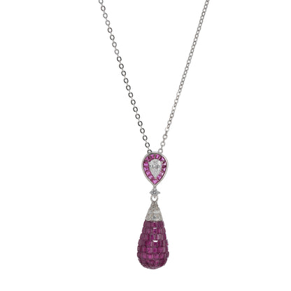 925 Silver Pink Sapphire Drop Pendant Chain