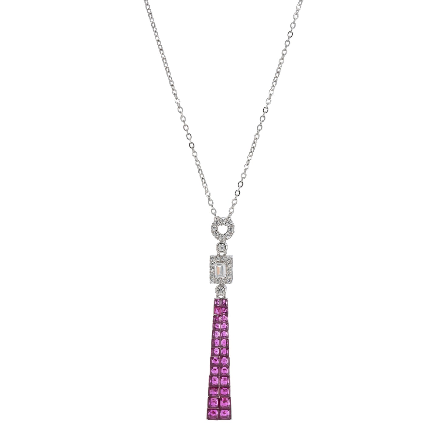 925 Silver Pink Sapphire Long Pendant Chain