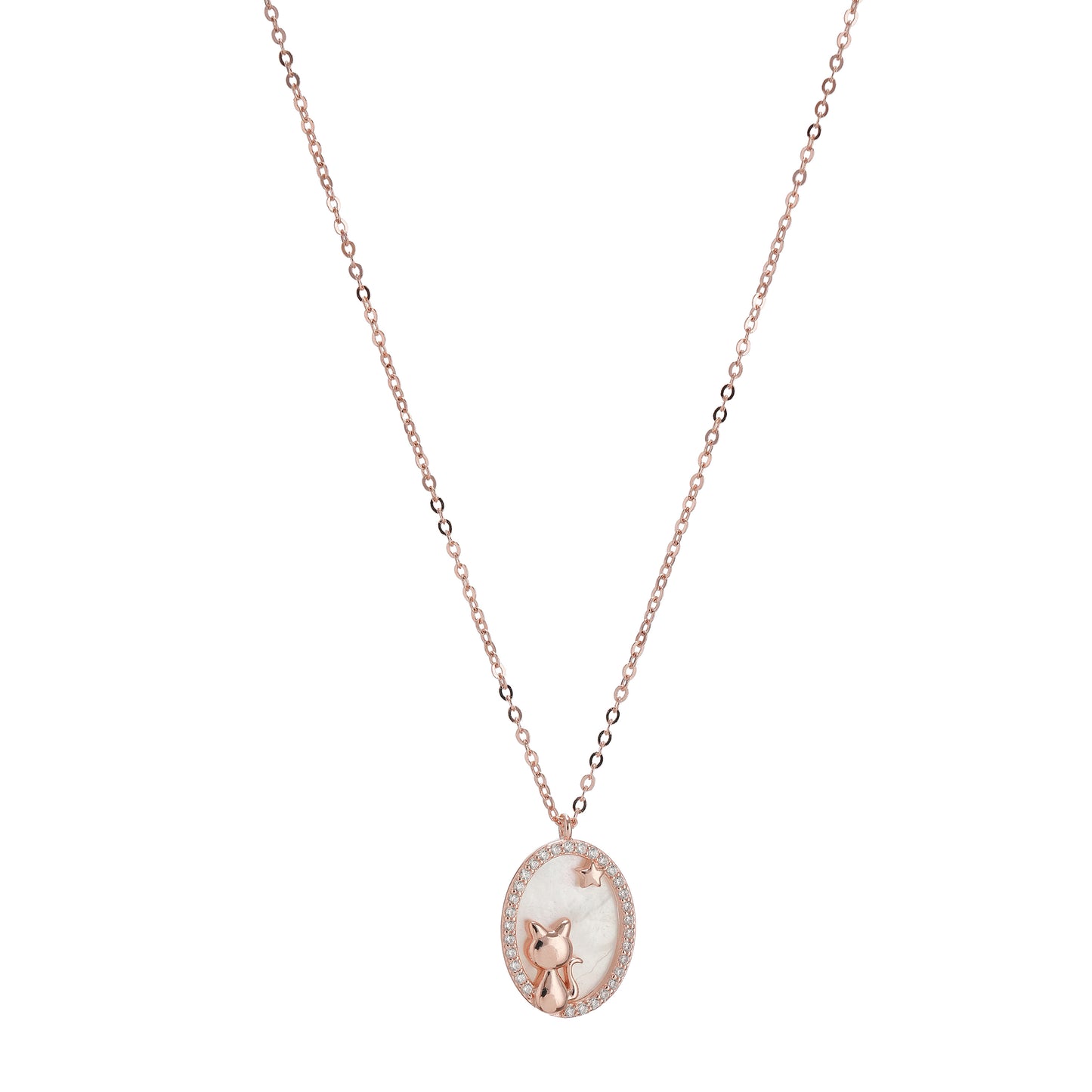 Rose Gold Celestial Cat Pendant & Chain in Sterling Silver