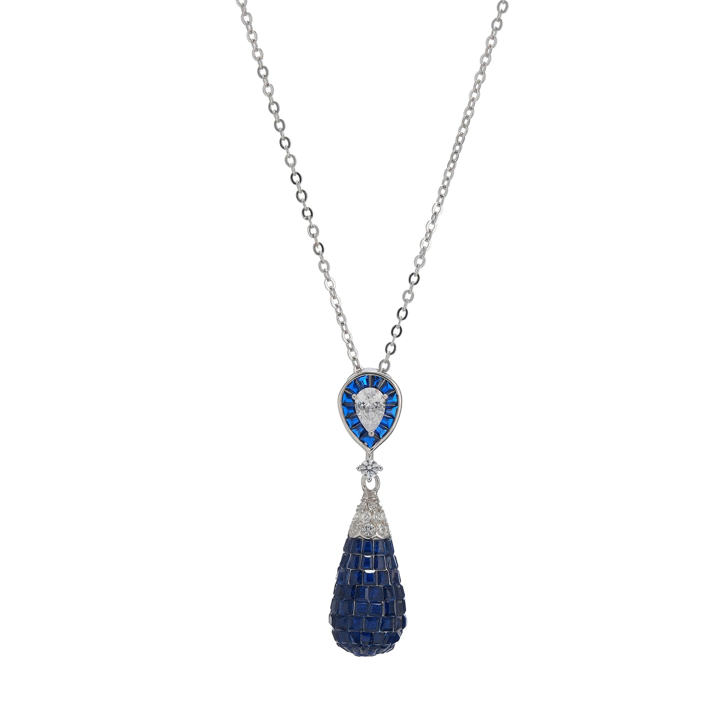 925 Silver Blue Sapphire Drop Pendant Chain