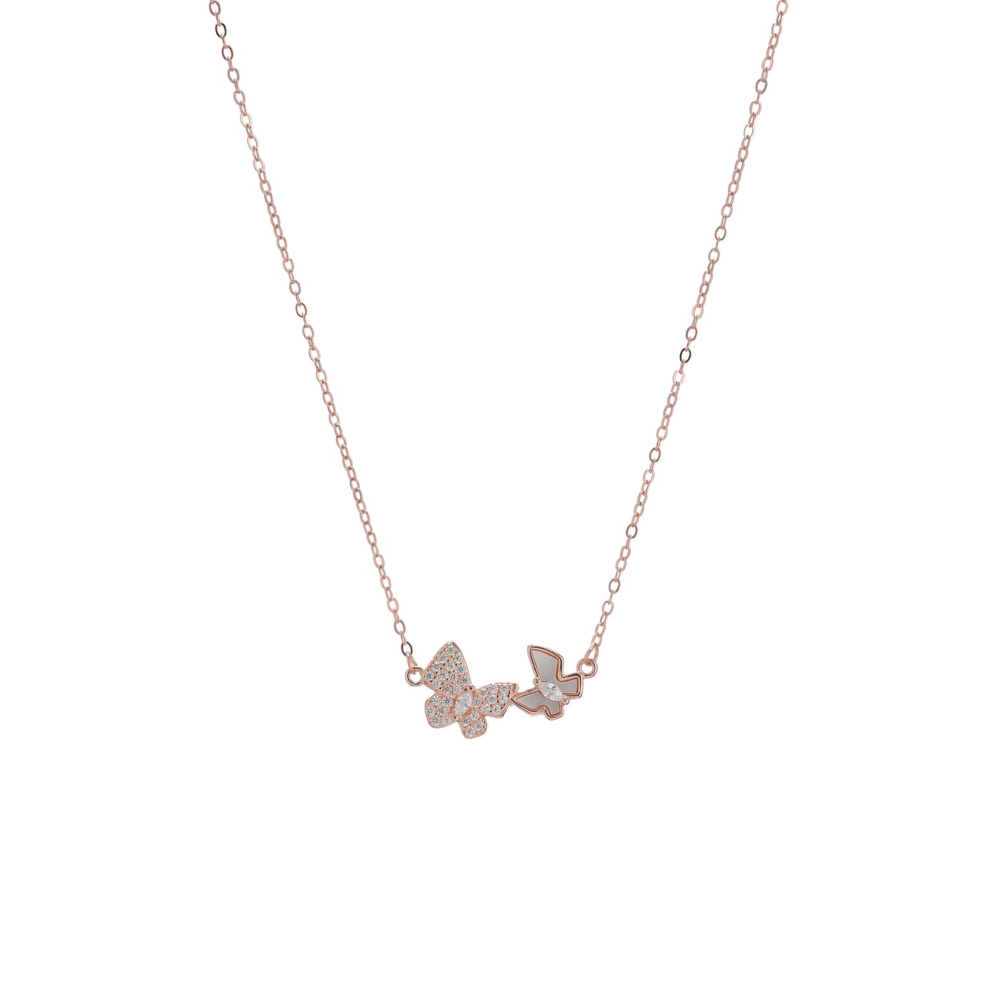 Silver 925 Chain with CZ Rose Gold Twin Butterfly Locket