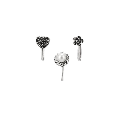 Sterling Silver Oxidised Clip-on Nose Ring - Set of 3