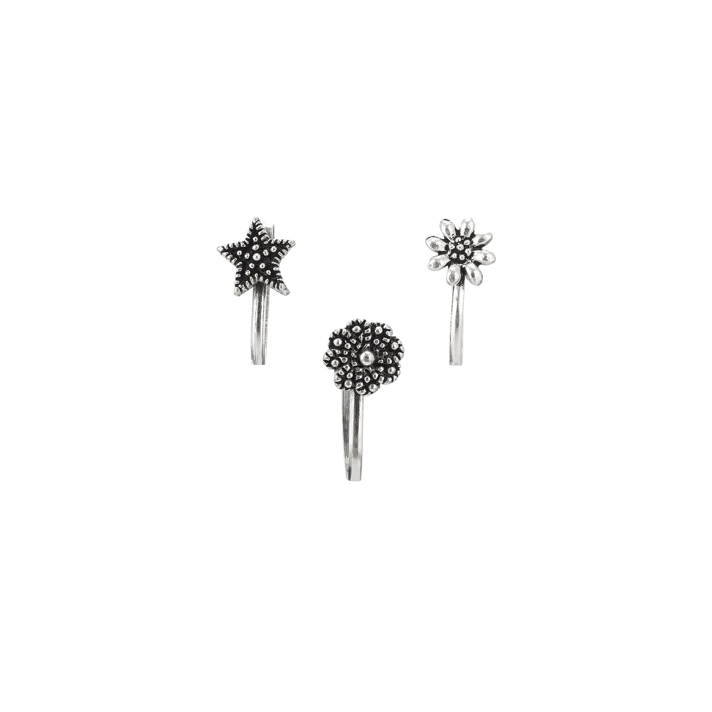 925 Silver Oxidised Clip-on Nose Ring - Set of 3