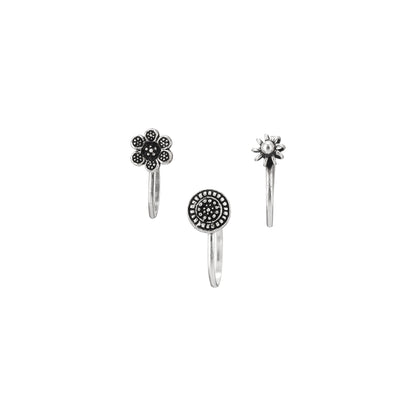 Floral Charm Clip-On 925 Silver Nose Ring - Set of 3